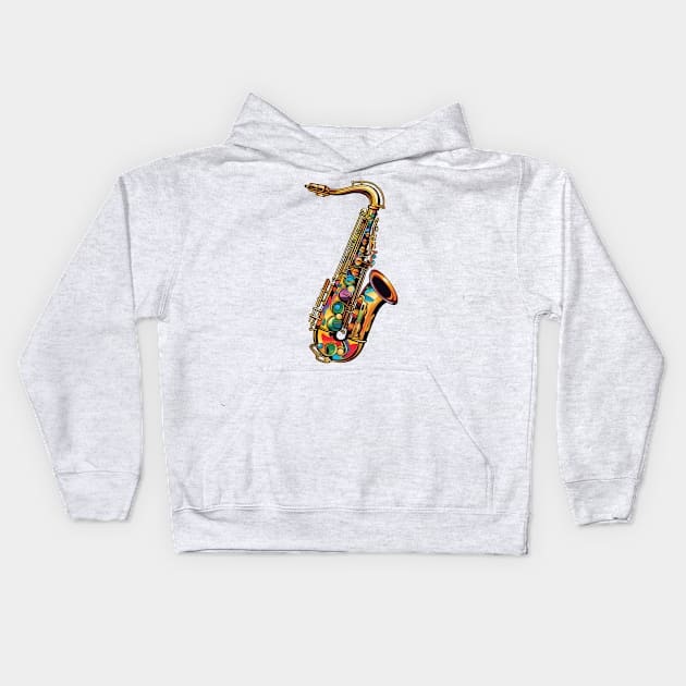 Retro 90s Saxophone Kids Hoodie by Chromatic Fusion Studio